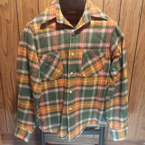 Plaid Flannel Shirt in Green and Orange Vintage Sears Small King Of Road 70s 80s